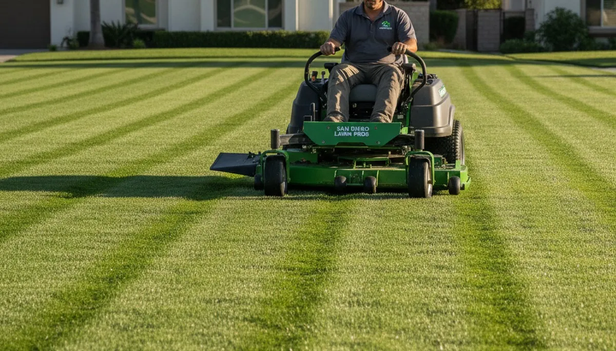 Commercial mower creating precise lawn stripes during professional mowing in San Diego, CA
