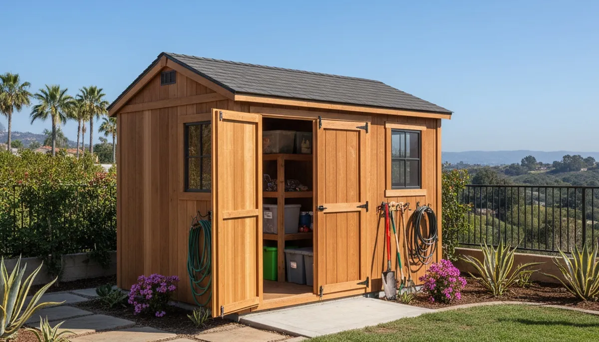 New backyard shed installation by professional landscapers in San Diego, CA showcasing quality craftsmanship