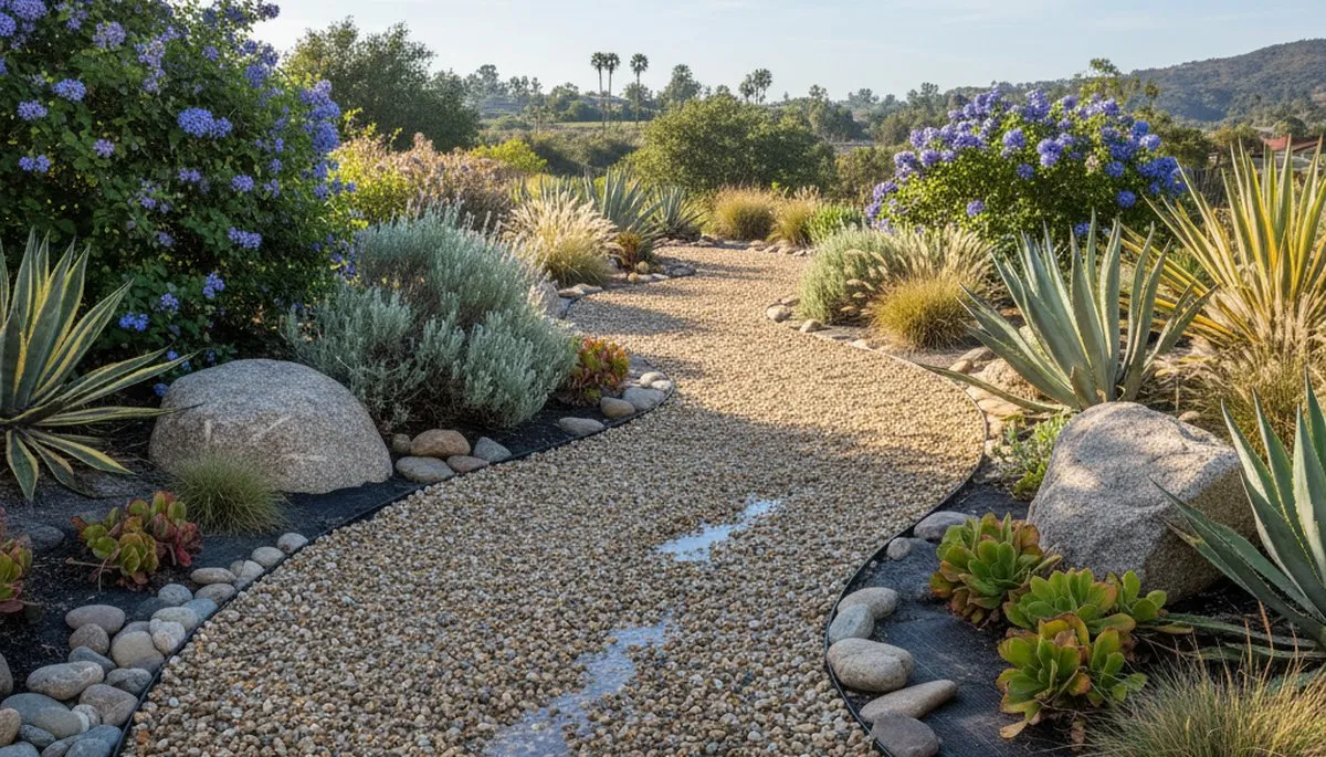 Pea gravel garden path installation in San Diego, CA showcasing clean design and low-maintenance landscaping