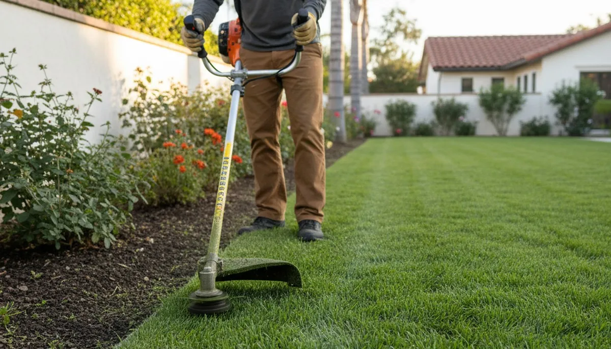 Technician edging lawn with string trimmer for precise landscaping finish in San Diego, CA