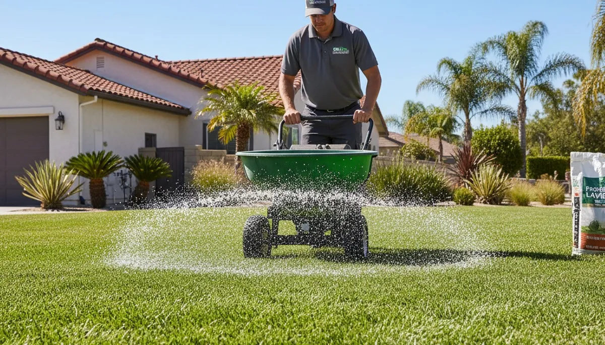 Lawn care technician applying fertilizer with spreader on residential lawn in San Diego, CA