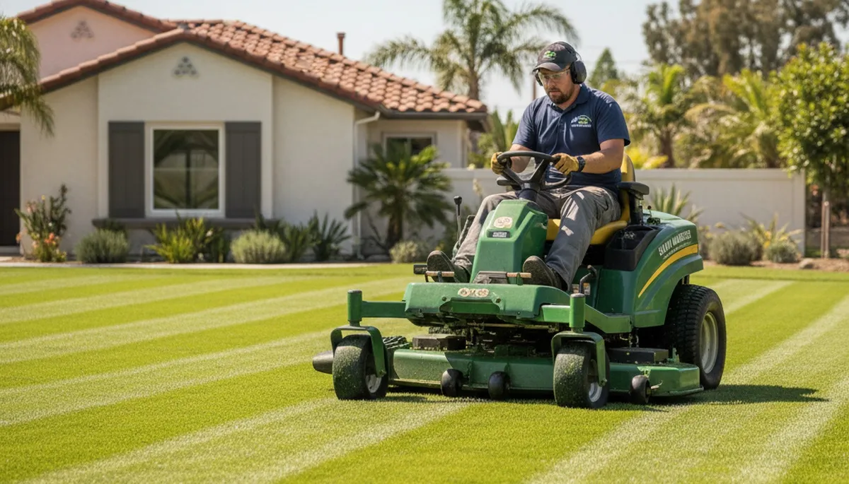 Professional lawn striping and edging in San Diego, CA showcasing expert mowing and crisp landscape detail