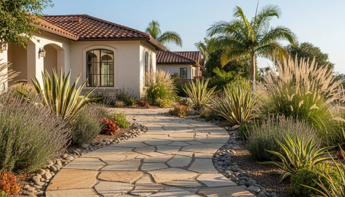 Curved stone paver pathway installation by professional landscapers in San Diego, CA